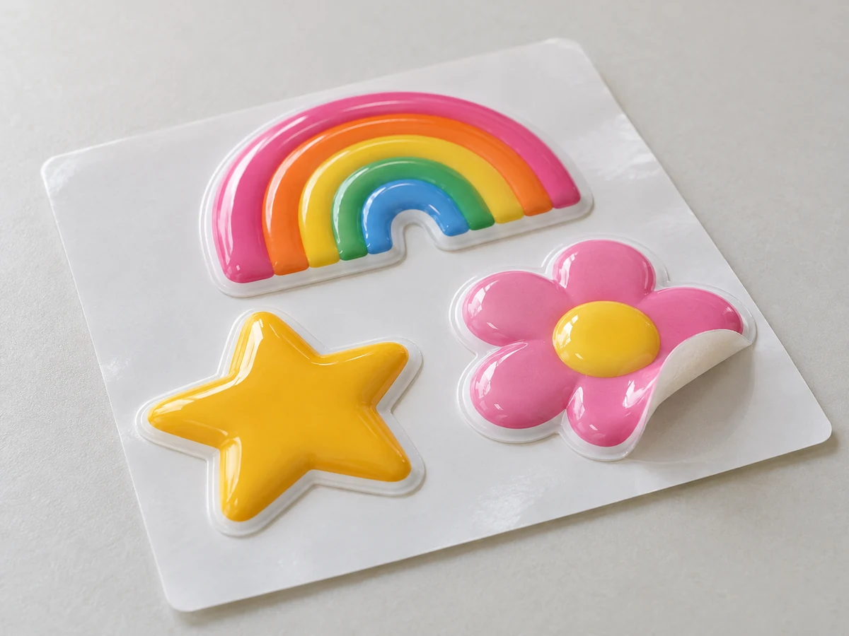 Finished rainbow, star and flower puffy stickers showing smooth printed surfaces, raised sealed edges and release backing.